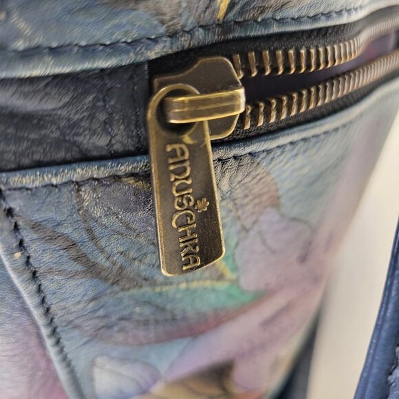 ANUSCHKA  5 Compartments Bag Handpainted Leather Floral Tote Blue Lilies Handbag - Picture 11 of 16